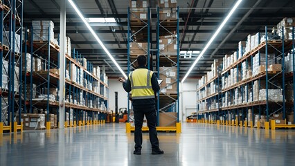 Warehouse worker inspecting inventory in a large distribution center with tall shelves and boxes, ensuring efficient logistics operations.