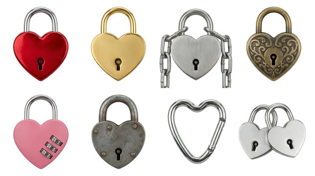Heart padlock set including red, gold, silver, antique bronze, and combination lock styles isolated. Valentine's Day and security collection.