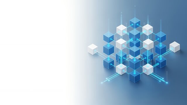 Connected Blue and White Cubes Forming a Network, Representing Blockchain Technology, Data Storage, and Distributed Systems