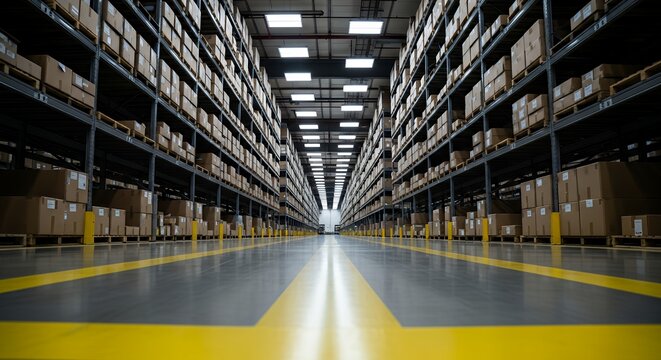 Long aisle in a large modern warehouse filled with endless rows of tall racks stacked with cardboard boxes for efficient storage.
