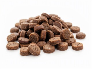 Small round brown dog treats piled up on a white background ready for feeding pets or training dogs