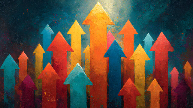 Colorful upward arrows on a dark background representing growth, success, progress, and development in a dynamic business environment