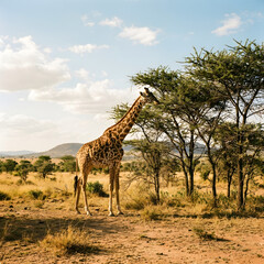 Obraz premium Giraffe eating leaves from an acacia tree on the African savanna