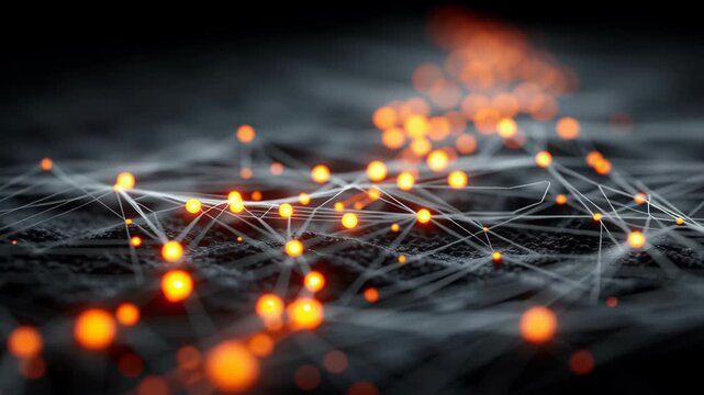 A captivating abstract scene depicting a network of glowing orange nodes and interconnected lines against a dark, textured surface. the luminous points and lines suggest concepts of connectivity and d