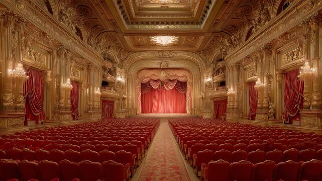 An ornate theater features a grand stage with red curtains and rows of empty red seats awaiting an audience