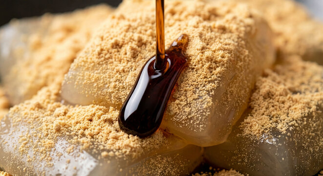 Extreme Macro Shot of Glossy Kuromitsu Pouring onto Textured Warabimochi and Kinako Powder