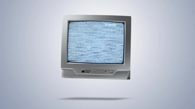 Vintage CRT television floating with subtle wiggle effect switches channels amid static sound noise. On light gray background. Symbolizing analog era, nostalgia. In 4k.