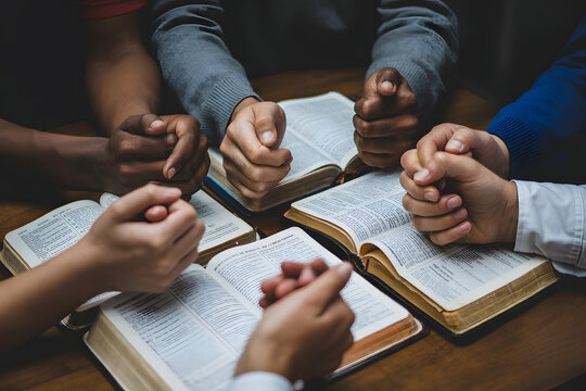 Christian couple or group reading study the bible together and pray at a home or Sunday school at church. concept studying the word of god.