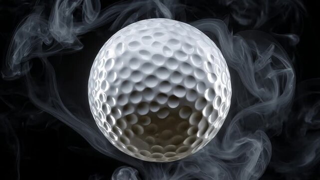 A golf ball with dimples shrouded in grey smoke against a black background