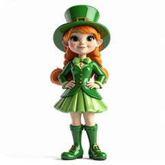 Charming Cartoon Leprechaun Girl in Green Outfit and Top Hat.
