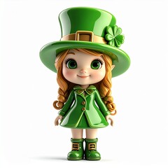 Cute Cartoon Leprechaun Girl in Green Outfit for St. Patricks Day Celebration.