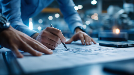 Engineering team collaborating over industrial automation blueprints and digital schematics, smart manufacturing solutions, factory optimization technology, process improvement strategies,