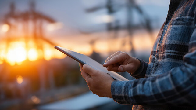 Person holding tablet against sunset sky with power transmission lines, energy grid management technology, renewable electricity monitoring, utility infrastructure, sustainable power solutions,