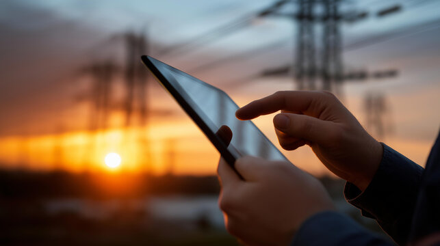 Person holding tablet against sunset sky with power transmission lines, energy grid management technology, renewable electricity monitoring, utility infrastructure, sustainable power solutions,