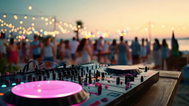 Closeup of DJ setup while music plays at a beach party while people dance under colorful lights during sunset