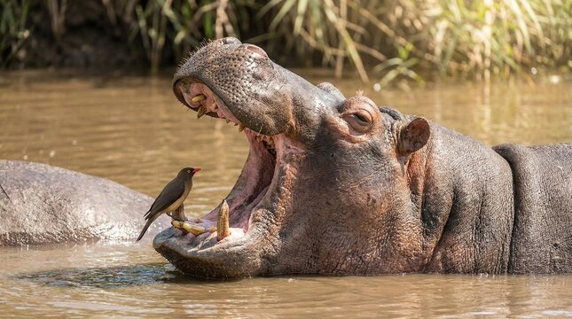 Hippo with open mouth and bird(口を開けたカバと鳥)