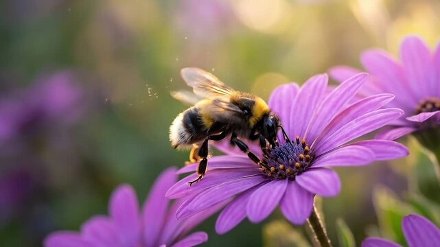 A bumblebee collecting nectar from a vibrant purple flower in a lush garden scene from a close-up viewpoint