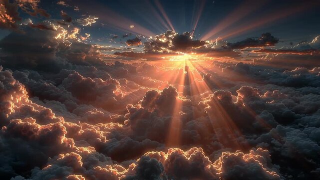 Breathtaking sunset showcasing sunrays piercing through fluffy, dramatic clouds in a dark sky, creating a mesmerizing atmospheric phenomenon. perfect for themes of inspiration, nature, and tranquility