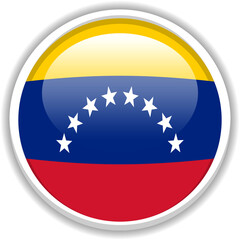 Fototapeta premium Venezuela Flag Button Icon Vector Illustration Glossy 3D Circular National Symbol Featuring Yellow Blue and Red Stripes with Stars Isolated on White Background for Patriotic Web Design