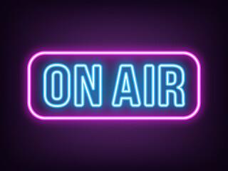 Outline neon On Air text, magenta blue icon. Neon On Air sign with frame. Broadcast music radio, tv show and podcast. Online sport game stream, live play. News on air, live interview. Vector