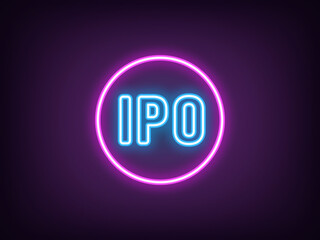 Outline neon IPO icon, magenta blue. Neon round tag for Initial public offering. New public company on stock market, attract funding with IPO, investments in business, shares trade launch. Vector