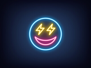 Outline neon pleasure emoji, blue yellow pink. Neon emoji with lightning eyes and smile. Excitement emoticon, anticipation feeling, enthusiasm face, surprise, flash eyes, positive mood. Vector
