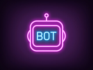 Outline neon chat bot, magenta blue icon. Neon robot face with Bot text. Virtual assistant, smart bot with AI algorithms, chatbot technology for business tasks, mobile digital helper. Vector
