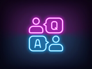 Outline neon QA icon, magenta blue. Neon Questions and Answers, users with speech bubble in business chat. Customer support chat, advice forum, expert help group, live client assistance. Vector