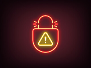 Outline neon lock picking icon, red yellow. Neon broken lock with danger warning, destroyed digital protection. Security hacking, cyber attack guard, hacked protection of private data. Vector
