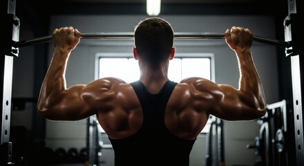 Naklejka premium Muscular person seen from behind performing a pull-up on a bar in a gym highlighting defined back and arms Sweat glistens on skin