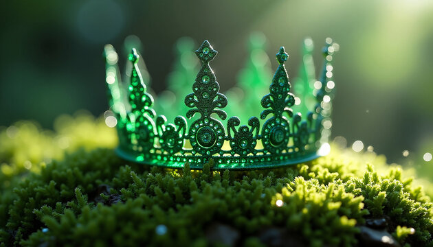 Elegant green crown resting on lush moss with soft sunlight illuminating the scene. Crown features intricate designs and sparkling details, creating a magical atmosphere perfect for St.