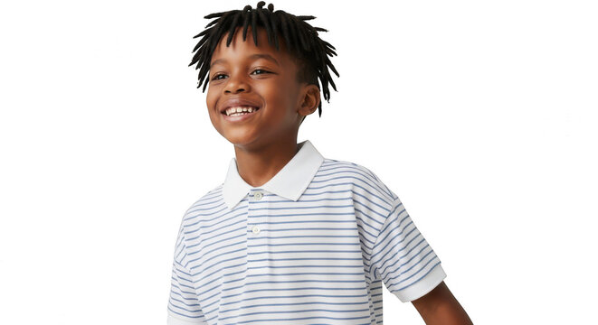 Young boy with striped polo shirt smiling at camera isolated on transparent background