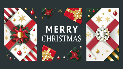 Obraz premium Flat illustration of christmas gift boxes arranged decoratively with ribbons and ornaments on a dark background with merry christmas text with holiday