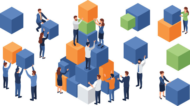 Business Team Collaboration Illustration Showing People Building Blocks Together, Corporate Teamwork, Strategic Planning, and Cooperative Problem Solving Concepts