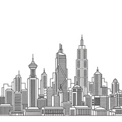 Fototapeta premium Monochrome line drawing of a city skyline with skyscrapers.