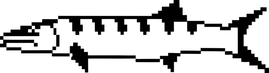 Fototapeta premium Pixelated barracuda fish illustration in retro 8 bit minimalist black and white marine animal icon, simple aquatic design