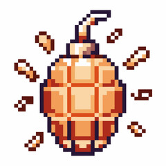 Naklejka premium Pixel art grenade with explosion sparks retro 8 bit weapon design, digital game element with dynamic effects