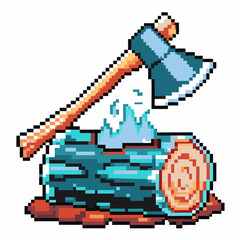 Obraz premium Pixel art axe chopping wood log cutting firewood with sparks and detailed wooden texture