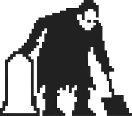 Fototapeta premium Pixel art grim reaper character leaning on a shovel and tombstone silhouette in black and white