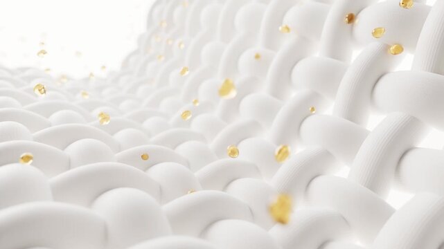 Macro shot of fabric structure with golden particles flowing through, showcasing cleaning and protection of textile material