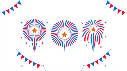 Fototapeta premium Festive Red White and Blue Fireworks with Bunting Banners, Celebration Vector Illustration
