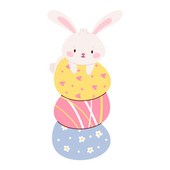 Obraz premium Cute bunny sitting on colorful Easter eggs. Flat vector illustration in soft pastel colors, perfect for Easter, spring holidays, greeting cards, kids designs, nursery art, and cute animal themes