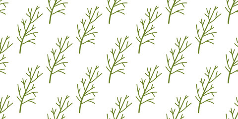 Fresh Dill Herb Seamless Pattern. Fresh dill sprigs arranged in a repeating pattern. Botanical food illustration for packaging, kitchen textiles, wallpaper, branding and natural design projects.