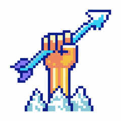 Obraz premium Pixel art hand holding arrow pointing upward with mountain base symbolizing growth and achievement