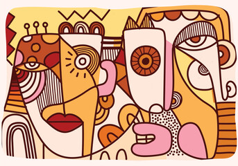 Abstract face portrait doodle, decorative line art cubism vector illustration. Artistic design art print, wall art, poster and decoration.
