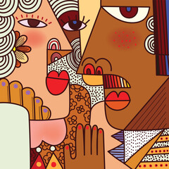 Abstract face portrait doodle, decorative line art cubism vector illustration. Artistic design art print, wall art, poster and decoration.