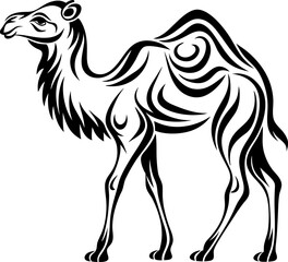 Obraz premium Stylized camel illustration with tribal design, single hump dromedary animal art, black and white graphic linework