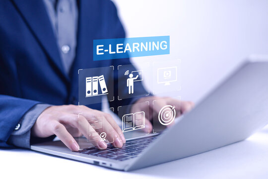 
The concept of e-learning, displayed against a white background, encompasses online education, virtual classrooms, knowledge sharing, and educational platforms.