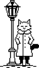 Obraz premium Pixel art cat character standing by vintage street lamp wearing long coat and boots in black and white