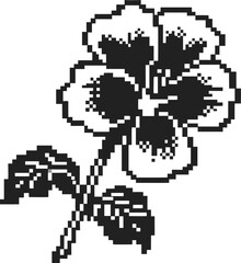 Pixel art black and white flower with leaves, digital retro floral illustration
